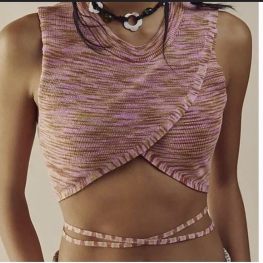 FREE PEOPLE  | Women's Pink/Green/Brown Crossover Tie Up Knitted Crop To…